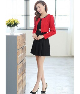 New Fashion Women Two pieces Vest Dress and Short Coat Pleated A-Line Mini Dress Twin Sets Black Dress and Red Coat