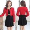 New Fashion Women Two pieces Vest Dress and Short Coat Pleated A-Line Mini Dress Twin Sets Black Dress and Red Coat