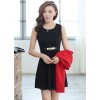 New Fashion Women Two pieces Vest Dress and Short Coat Pleated A-Line Mini Dress Twin Sets Black Dress and Red Coat