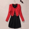 New Fashion Women Two pieces Vest Dress and Short Coat Pleated A-Line Mini Dress Twin Sets Black Dress and Red Coat