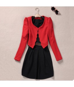 New Fashion Women Two pieces Vest Dress and Short Coat Pleated A-Line Mini Dress Twin Sets Black Dress and Red Coat