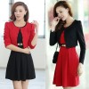 New Fashion Women Two pieces Vest Dress and Short Coat Pleated A-Line Mini Dress Twin Sets Black Dress and Red Coat