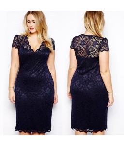 New Fashion Women Midi Dress V-Neck Floral Lace Plus Size Bodycon Pencil Dress Dark Blue