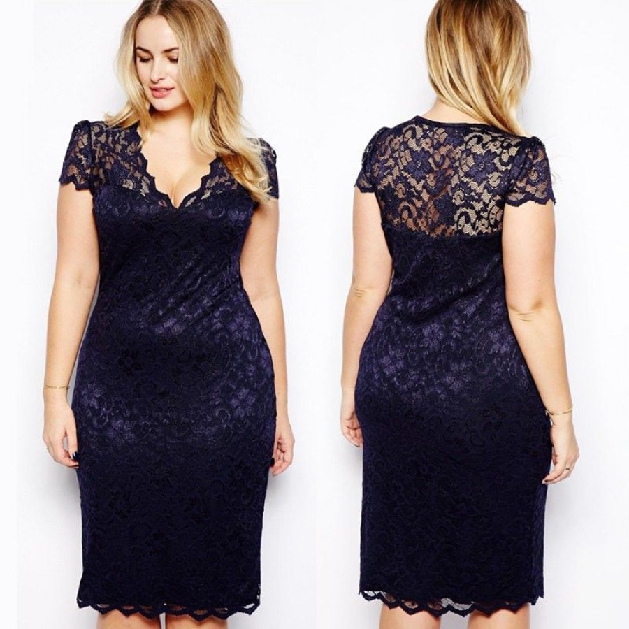 New Fashion Women Midi Dress V-Neck Floral Lace Plus Size Bodycon Pencil Dress Dark Blue