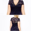 New Fashion Women Midi Dress V-Neck Floral Lace Plus Size Bodycon Pencil Dress Dark Blue