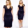 New Fashion Women Midi Dress V-Neck Floral Lace Plus Size Bodycon Pencil Dress Dark Blue