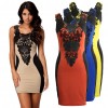 New Fashion Women Dress Floral Lace Contrast Sleeveless Bodycon Mini Casual Bandage Backless One-Piece