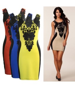 New Fashion Women Dress Floral Lace Contrast Sleeveless Bodycon Mini Casual Bandage Backless One-Piece