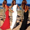 Sexy Women Maxi Dress Bare Back Asymmetric Hem Crew Neck Sleeveless Prom Evening Party Gown Black/White/Red