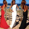 Sexy Women Maxi Dress Bare Back Asymmetric Hem Crew Neck Sleeveless Prom Evening Party Gown Black/White/Red