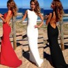 Sexy Women Maxi Dress Bare Back Asymmetric Hem Crew Neck Sleeveless Prom Evening Party Gown Black/White/Red