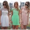 New Fashion Women Mini Dress Crochet Floral Lace Open Back Candy Color Chiffon Skater Dress