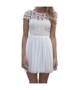 New Fashion Women Mini Dress Crochet Floral Lace Open Back Candy Color Chiffon Skater Dress