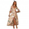 Spring Sexy Women Floral Wrapped Maxi Dress V Neck Tie Waist Flare Sleeve Split Party Dress Red/Khaki