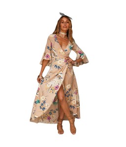 Spring Sexy Women Floral Wrapped Maxi Dress V Neck Tie Waist Flare Sleeve Split Party Dress Red/Khaki