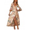 Spring Sexy Women Floral Wrapped Maxi Dress V Neck Tie Waist Flare Sleeve Split Party Dress Red/Khaki