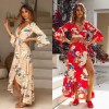 Spring Sexy Women Floral Wrapped Maxi Dress V Neck Tie Waist Flare Sleeve Split Party Dress Red/Khaki