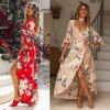 Spring Sexy Women Floral Wrapped Maxi Dress V Neck Tie Waist Flare Sleeve Split Party Dress Red/Khaki