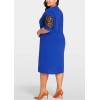 Women Sexy Plus Size Dress Splice Color Lace O Neck Short Sleeve Elegant Slim Dress Blue