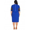 Women Sexy Plus Size Dress Splice Color Lace O Neck Short Sleeve Elegant Slim Dress Blue