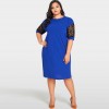 Women Sexy Plus Size Dress Splice Color Lace O Neck Short Sleeve Elegant Slim Dress Blue