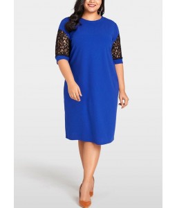 Women Sexy Plus Size Dress Splice Color Lace O Neck Short Sleeve Elegant Slim Dress Blue