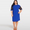 Women Sexy Plus Size Dress Splice Color Lace O Neck Short Sleeve Elegant Slim Dress Blue