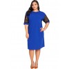 Women Sexy Plus Size Dress Splice Color Lace O Neck Short Sleeve Elegant Slim Dress Blue