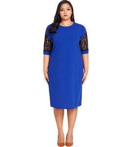 Women Sexy Plus Size Dress Splice Color Lace O Neck Short Sleeve Elegant Slim Dress Blue