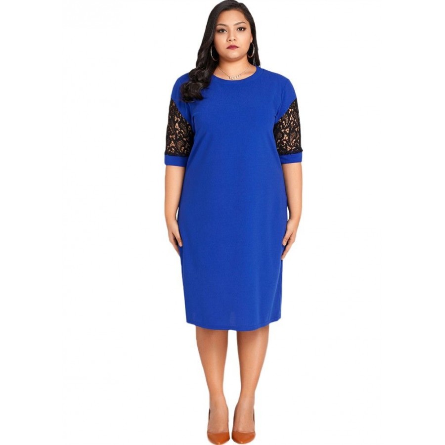 Women Sexy Plus Size Dress Splice Color Lace O Neck Short Sleeve Elegant Slim Dress Blue