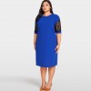 Women Sexy Plus Size Dress Splice Color Lace O Neck Short Sleeve Elegant Slim Dress Blue