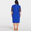 Women Sexy Plus Size Dress Splice Color Lace O Neck Short Sleeve Elegant Slim Dress Blue