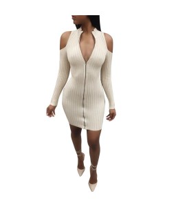 New Sexy Women Bodycon Mini Dress Zip Opening Cold Shoulder Long Sleeve Bandage Party Dress Clubwear