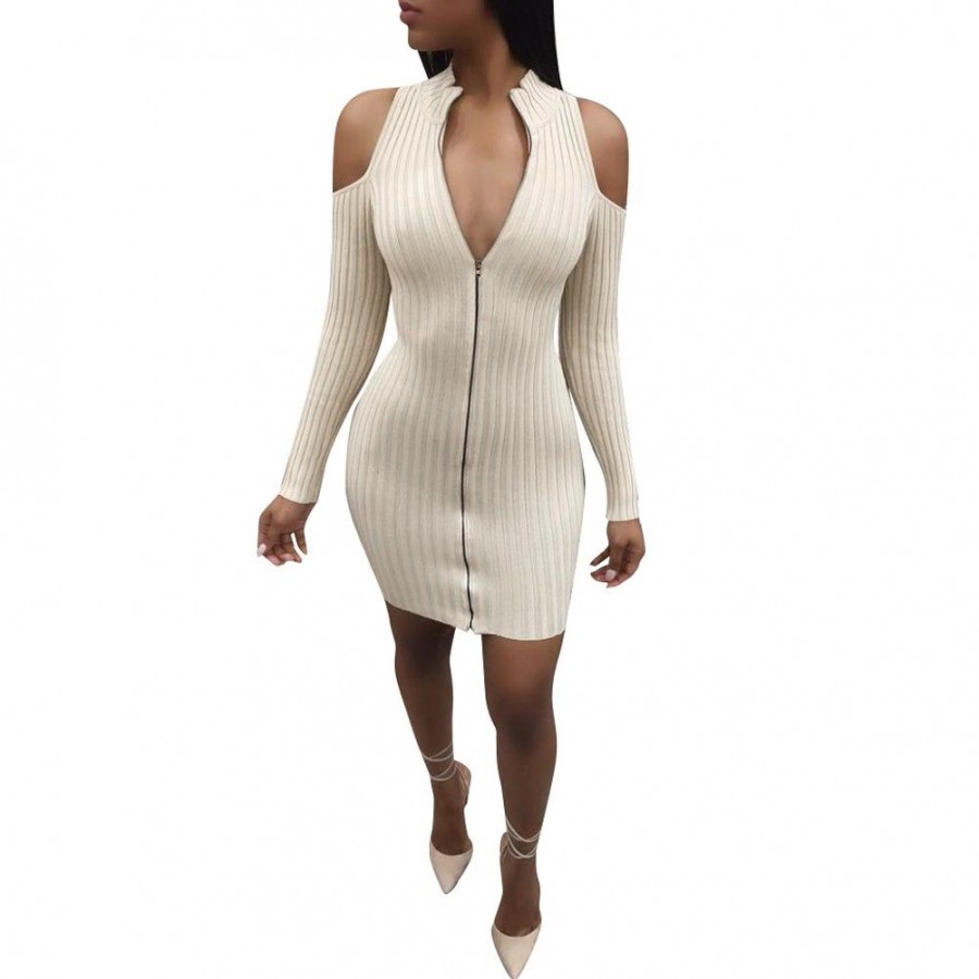 New Sexy Women Bodycon Mini Dress Zip Opening Cold Shoulder Long Sleeve Bandage Party Dress Clubwear