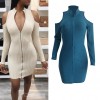 New Sexy Women Bodycon Mini Dress Zip Opening Cold Shoulder Long Sleeve Bandage Party Dress Clubwear