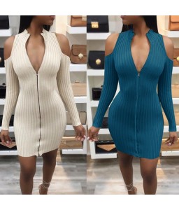 New Sexy Women Bodycon Mini Dress Zip Opening Cold Shoulder Long Sleeve Bandage Party Dress Clubwear