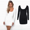 New Sexy Women Bodycon Mini Dress Scoop Neck Long Sleeve Backless Ruched Party Clubwear Dress Black/White