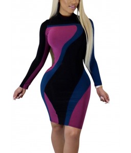 Sequin Color Block Contrast Stand Collar Clubwear Bodycon Mini Dress