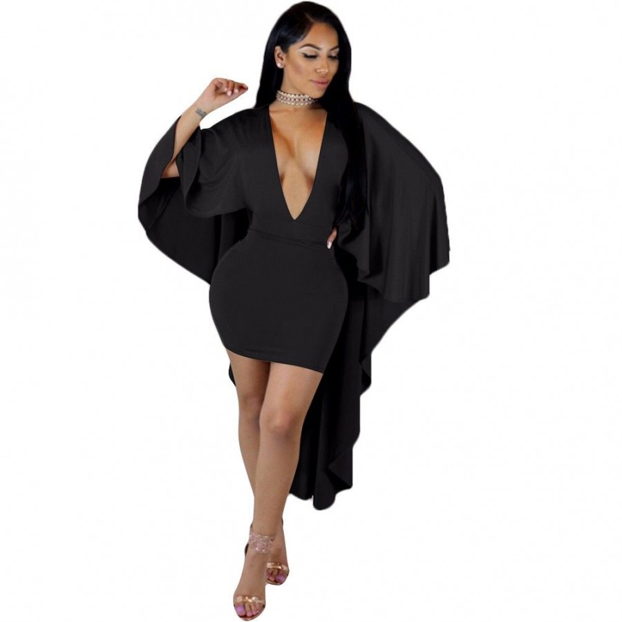 New Sexy Women Mini Wiggle Bodycon Cape Dress Batwing Sleeve Deep V Neck Clubwear Party Dress