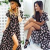 New Sexy Women Chiffon Maxi Dress Floral Print Deep V Split Short Sleeve Slim Beach Holiday Long Dress Black