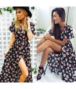 New Sexy Women Chiffon Maxi Dress Floral Print Deep V Split Short Sleeve Slim Beach Holiday Long Dress Black