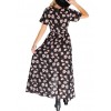 New Sexy Women Chiffon Maxi Dress Floral Print Deep V Split Short Sleeve Slim Beach Holiday Long Dress Black