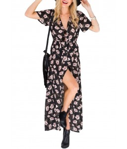 New Sexy Women Chiffon Maxi Dress Floral Print Deep V Split Short Sleeve Slim Beach Holiday Long Dress Black