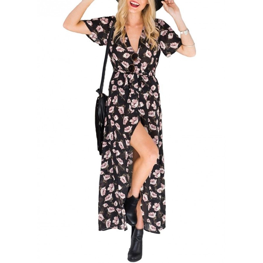 New Sexy Women Chiffon Maxi Dress Floral Print Deep V Split Short Sleeve Slim Beach Holiday Long Dress Black