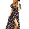 New Sexy Women Chiffon Maxi Dress Floral Print Deep V Split Short Sleeve Slim Beach Holiday Long Dress Black