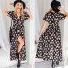 New Sexy Women Chiffon Maxi Dress Floral Print Deep V Split Short Sleeve Slim Beach Holiday Long Dress Black