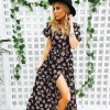 New Sexy Women Chiffon Maxi Dress Floral Print Deep V Split Short Sleeve Slim Beach Holiday Long Dress Black