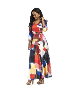 Women Summer Long Maxi Dress Color Block 3/4 Sleeve Boho Beach Dress Evening Party Sundress Vestidos