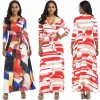 Women Summer Long Maxi Dress Color Block 3/4 Sleeve Boho Beach Dress Evening Party Sundress Vestidos