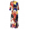 Women Summer Long Maxi Dress Color Block 3/4 Sleeve Boho Beach Dress Evening Party Sundress Vestidos